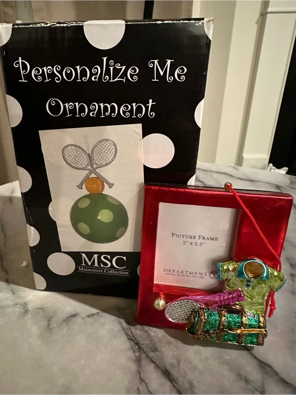 MSC Personalized Green and Red Tennis Ornament & ornament Picture Frame.